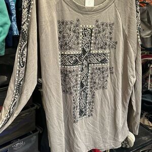 Vocal Taupe Long Sleeve Tee with Embellished Cross